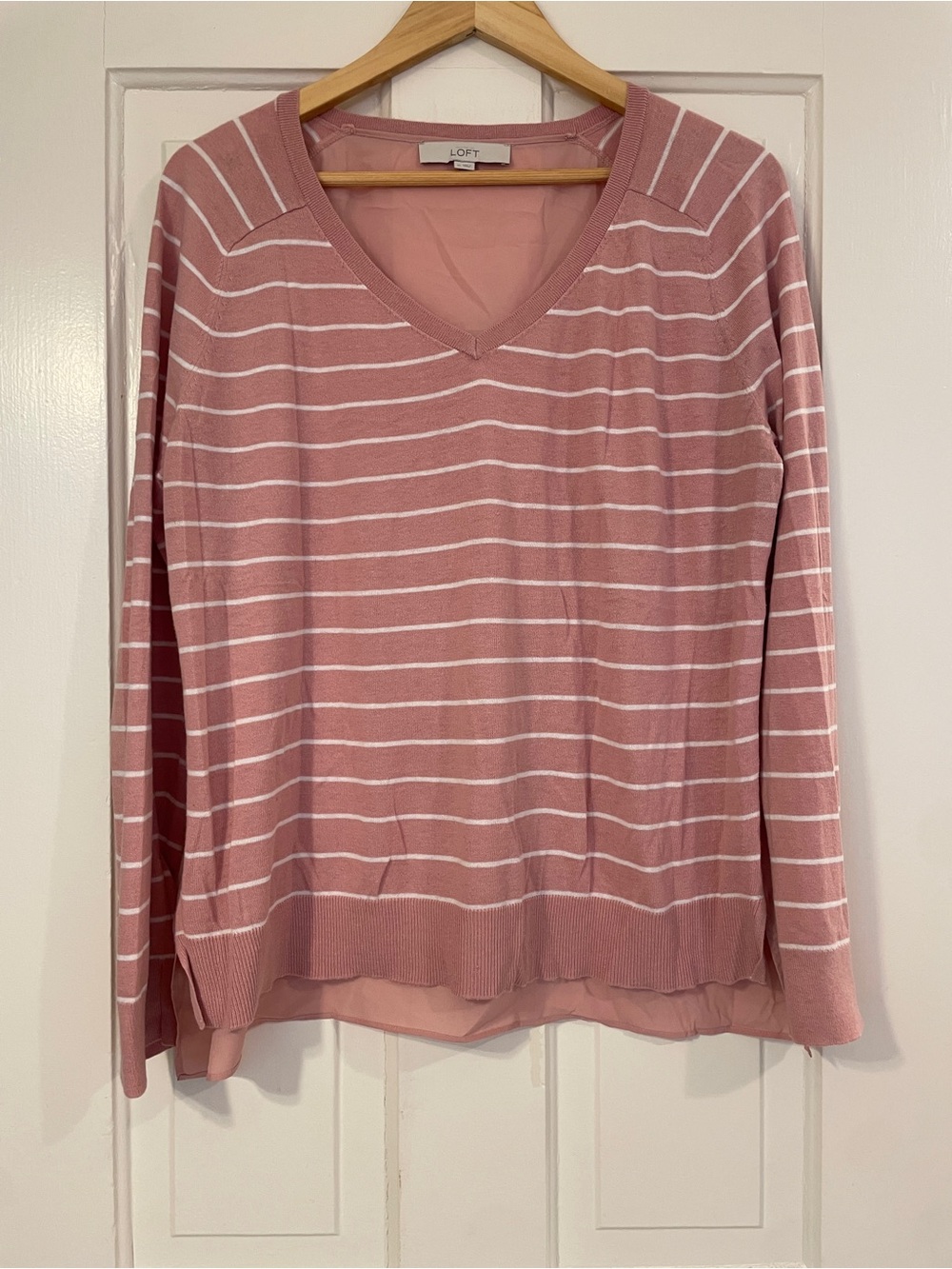 LOFT Pink & White Striped Long Sleeve Mixed Media V-Neck Sweater - XL